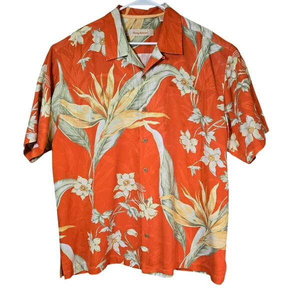 Tommy Bahama Mens XL Orange Tropical Hawaiian Shirt Silk Floral Short Sleeve - Picture 1 of 9